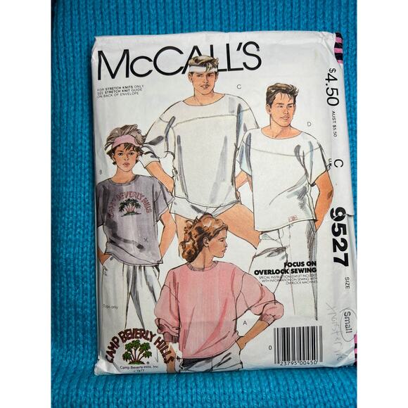 McCalls Sewing pattern 9527 T shirt dolman sleeve sweatshirt 1980s size small - Picture 1 of 7